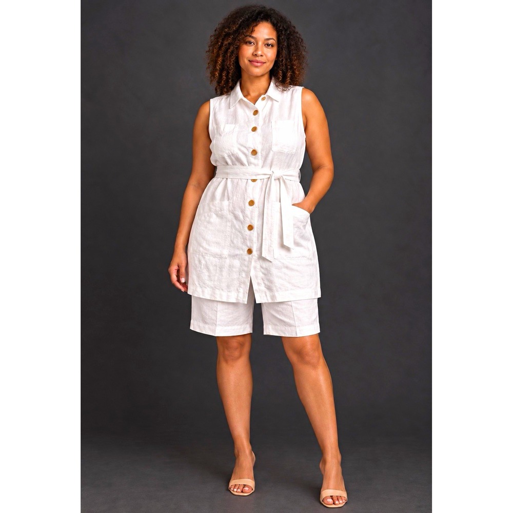 ACHfits Women's 3pc White Linen Set Top/Shorts/Belt Collared Button M-L